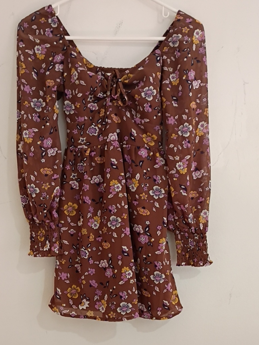 Hollister Brown Floral Tie-Front Long Sleeve Mini Dress